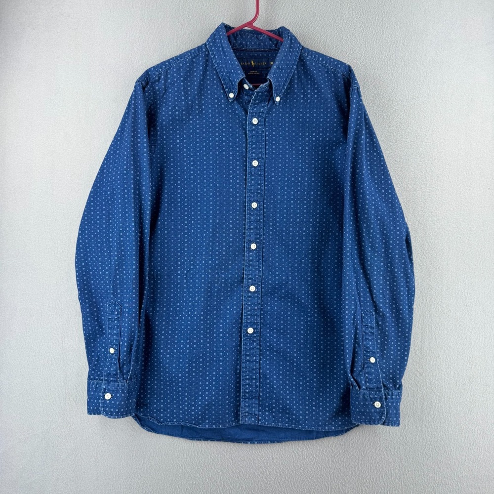 Ralph Lauren Shirt Mens XL Blue Calico Print Indigo Dyed OCBD Cotton Long Sleeve